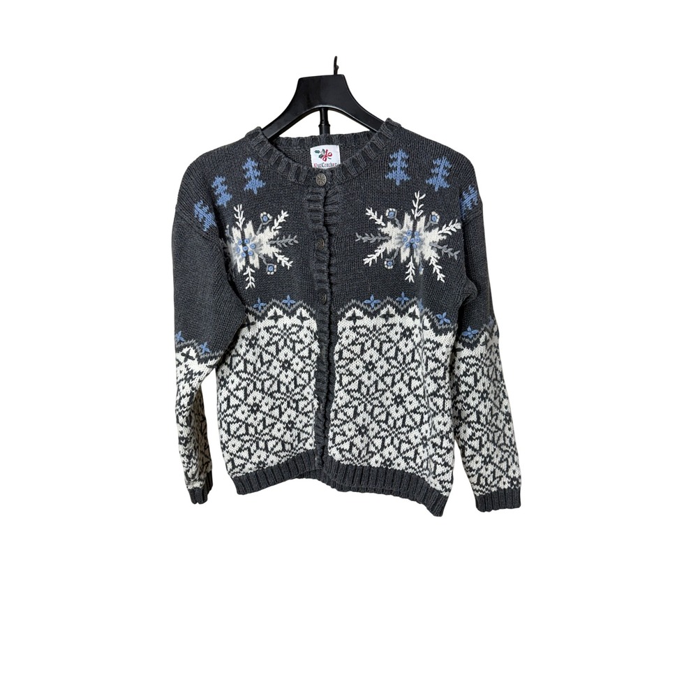 Nutcracker Womens Grey Snowflake Fair Isle Ramie Cotton Cardigan Sweater Small‎